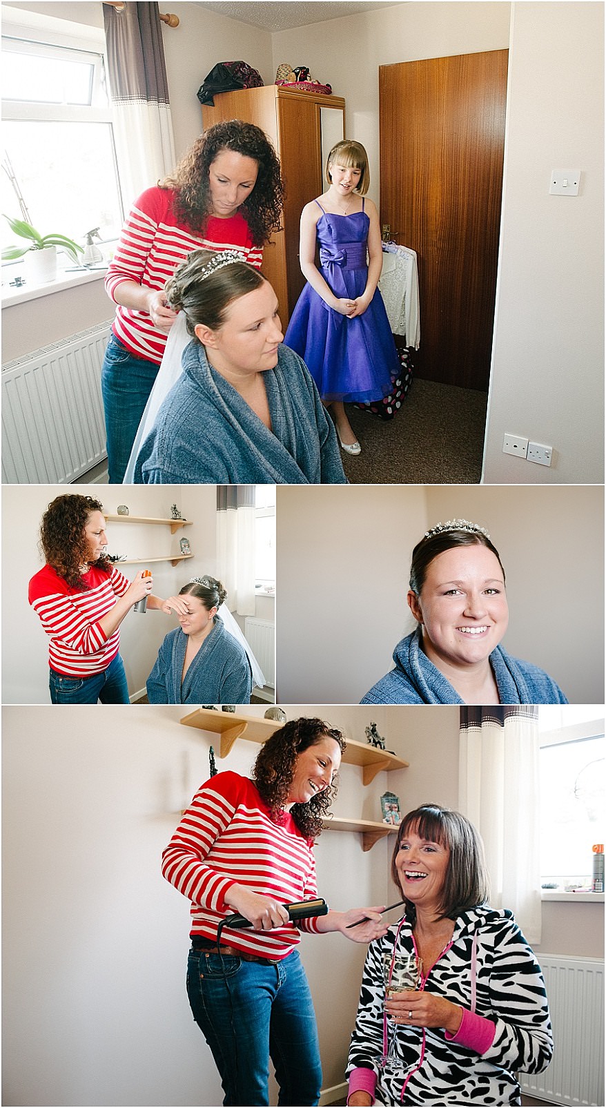 Bride having her hair and makeup done before the wedding  
