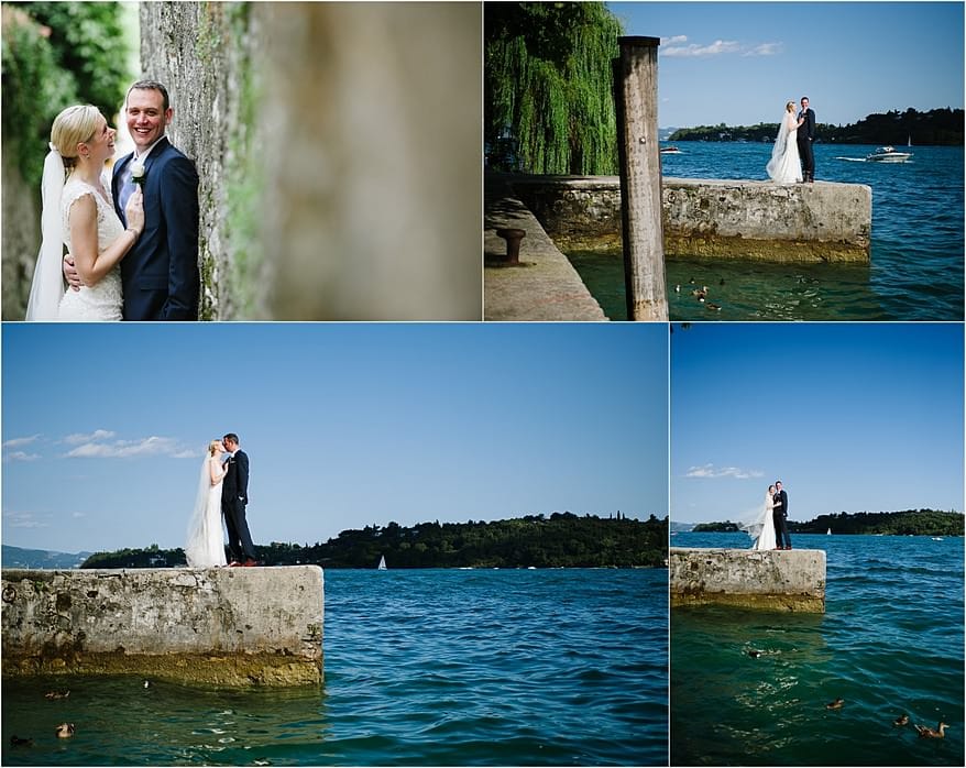 beautiful portraits of a bride and groom next to the lake in Salo, italy