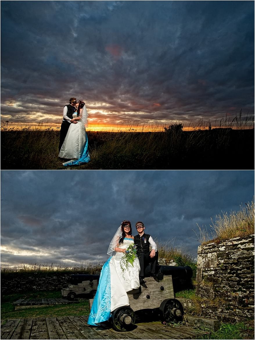 Pendennis Castle wedding photography 19 pendennis castle weddings Beautiful view of a sunset over falmouth with the bride and groom