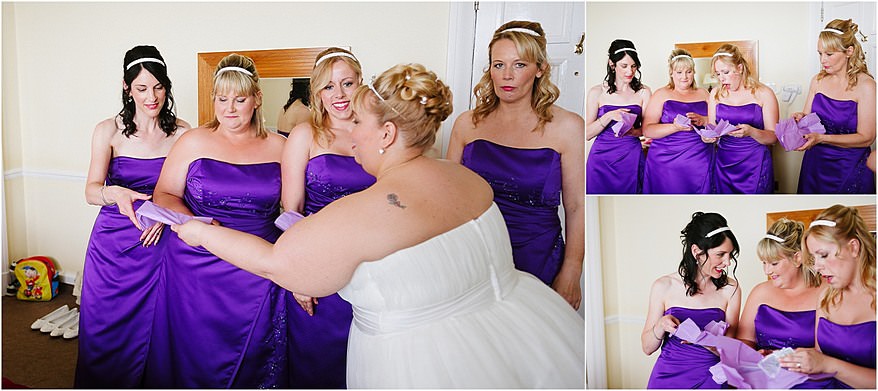 Bride giving out gifts to her bridesmaids at a Tregenna Hotel wedding