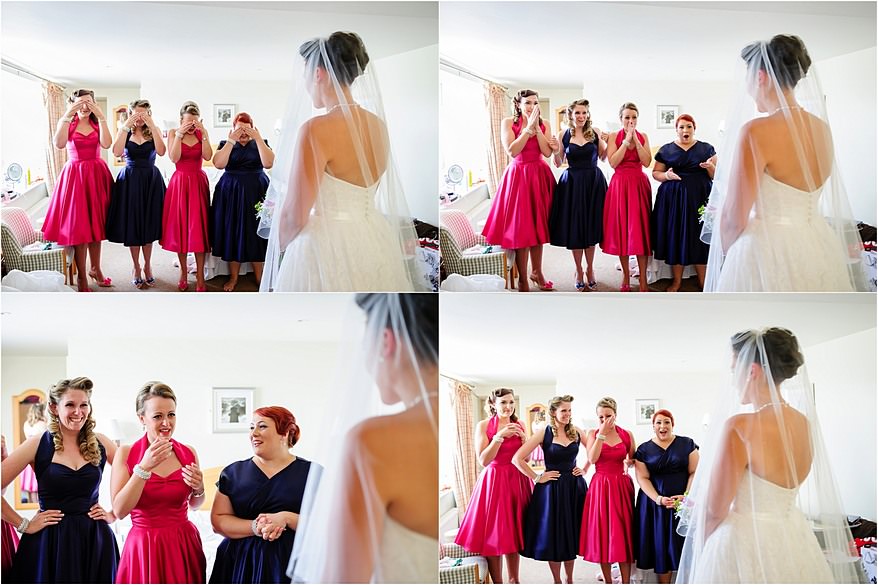 Glendorgal Hotel Wedding 5 Bridemaids seeing the wedding dress for the first time