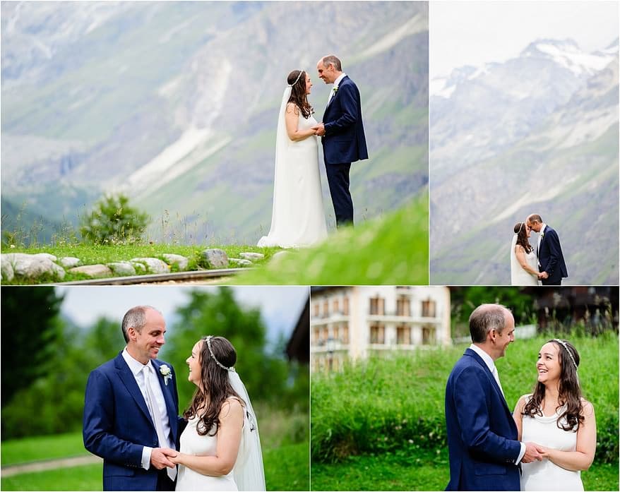 bride and groom portraits for their summer wedding in Zermatt