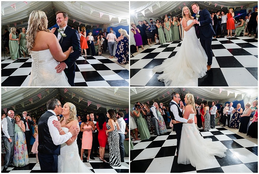 First dance wedding photographs on a checkerboard dance floor