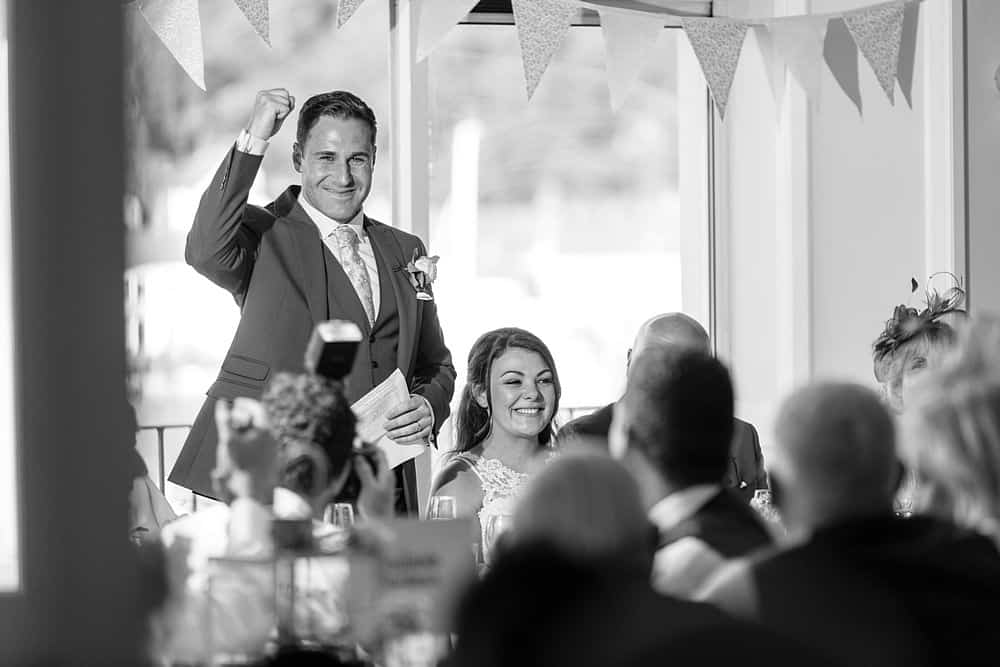 Fist bump from the groom during his wedding speech at the Greenbank Hotel