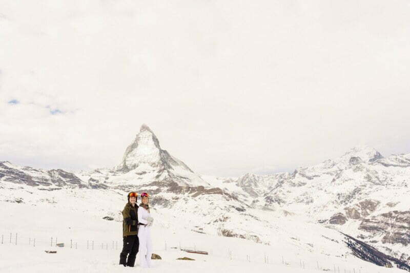 snowy pre wedding shoot in Zermatt