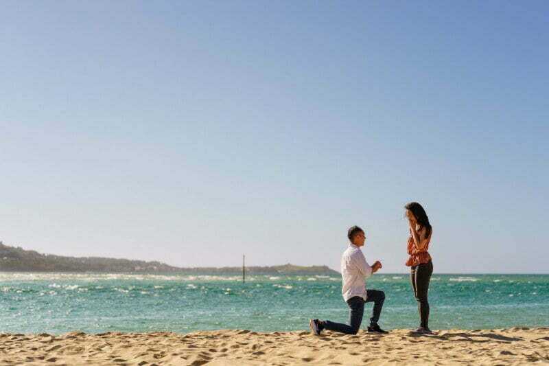marriage proposal on a cornish beach