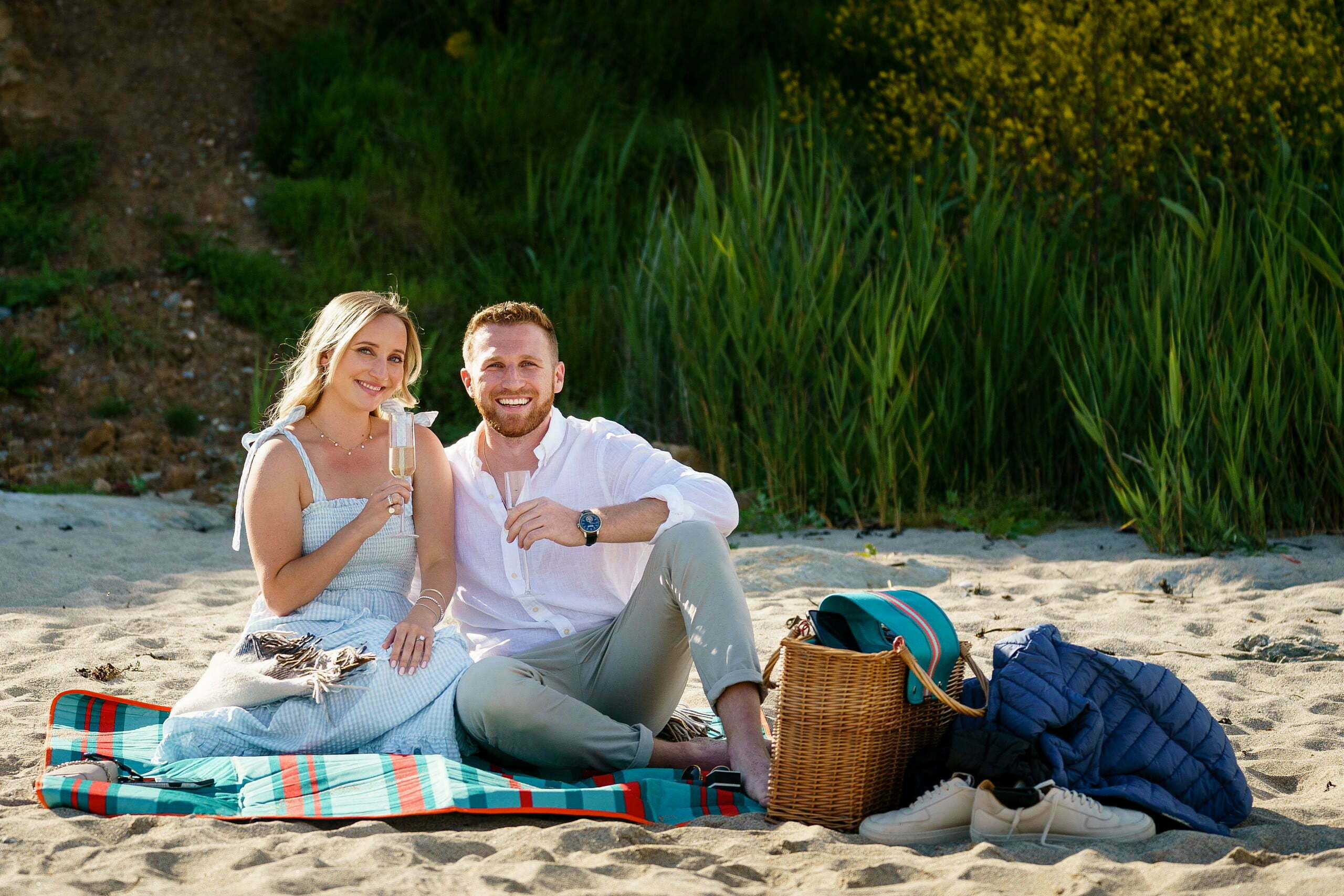 picnic wedding proposal on a beach in Cornwall