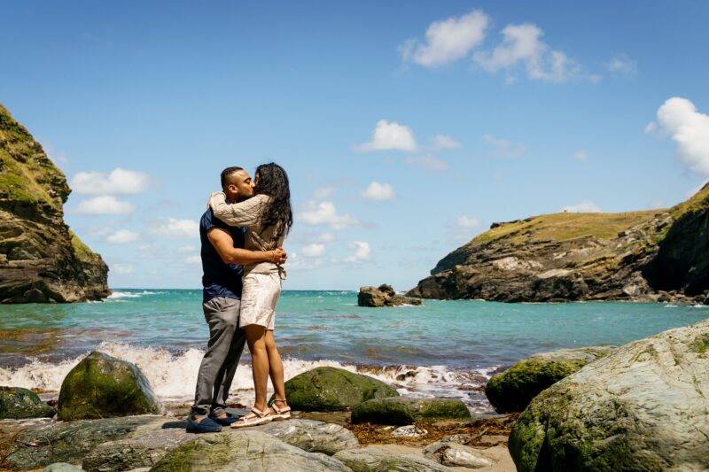 Sunny wedding proposal at Tintagel beach